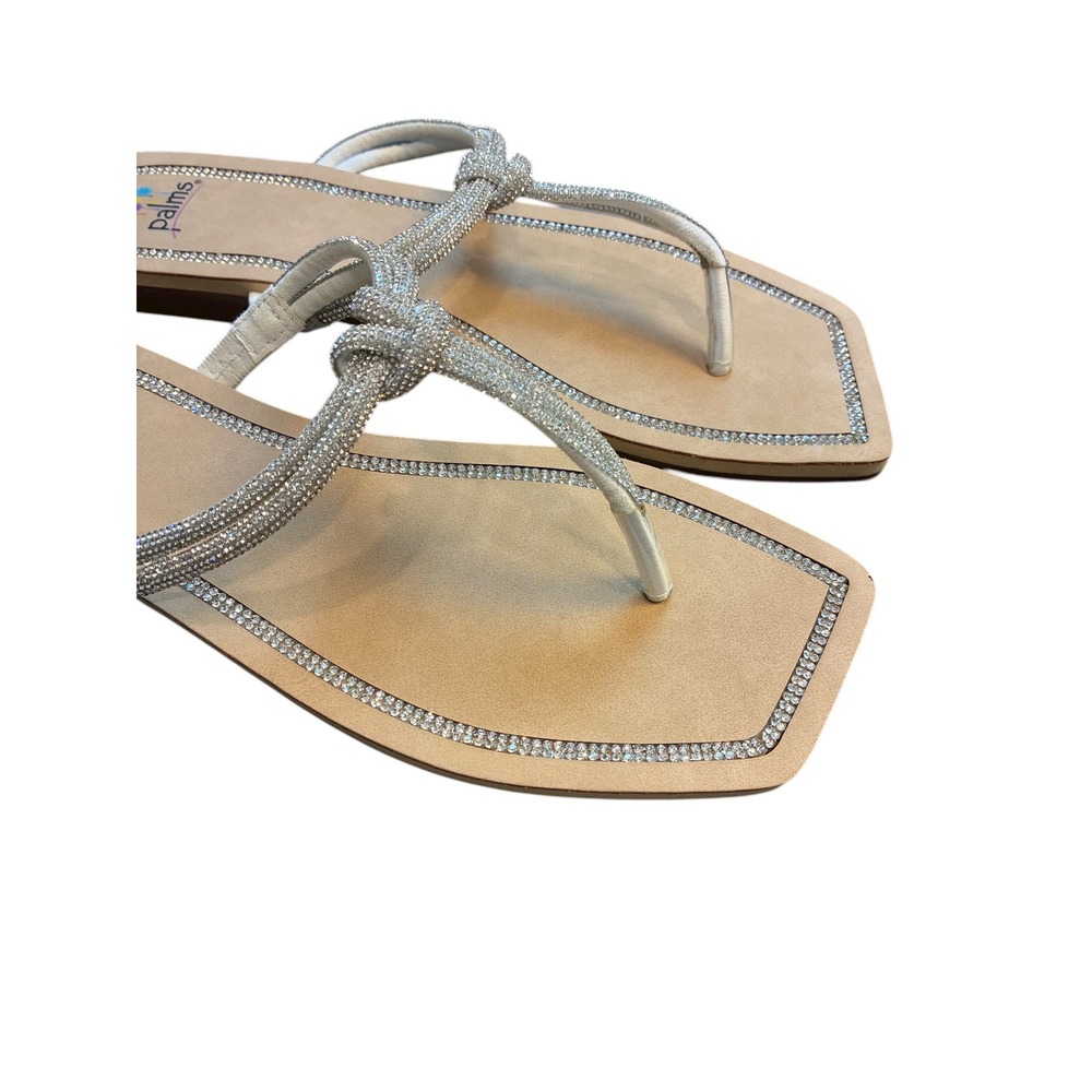 Palms Women Rhinestone Embellished Thong Sandals Square Toe Flat Slip On Shoe 10 - Picture 2 of 6